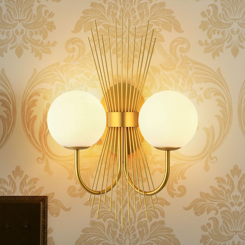 18.9" W 2-Light Mid-Century Modern Brushed Gold Sunburst Sputnik Wall Sconce with Milk Glass Globes - Gold/White - 18.9 in. W x 21.7 in. H x 8.7 in. D