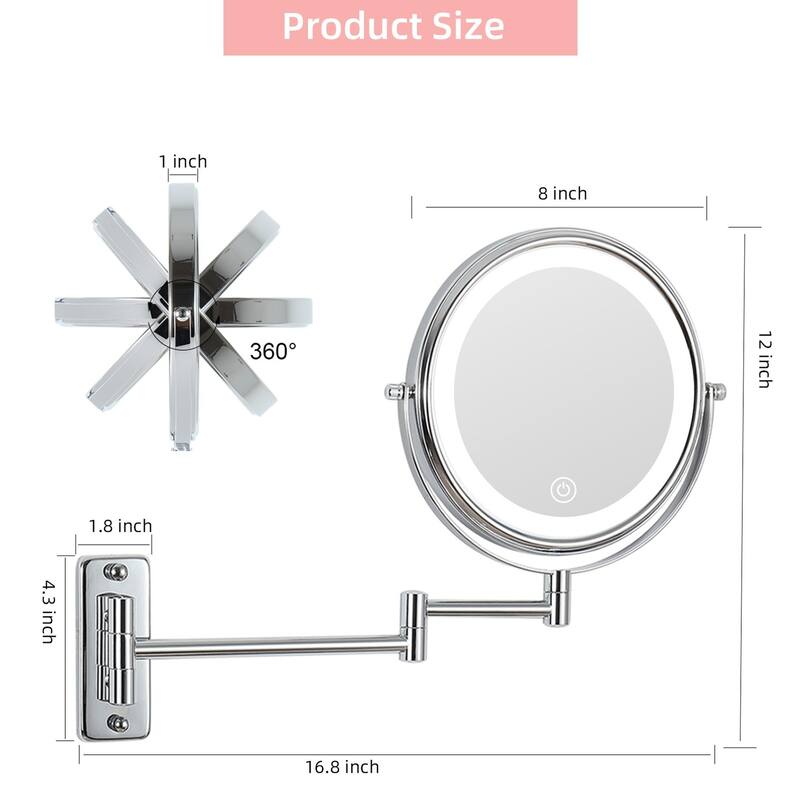 8 inch Double-Sided Wall Mounted 10X LED Magnifying Bathroom Mirror