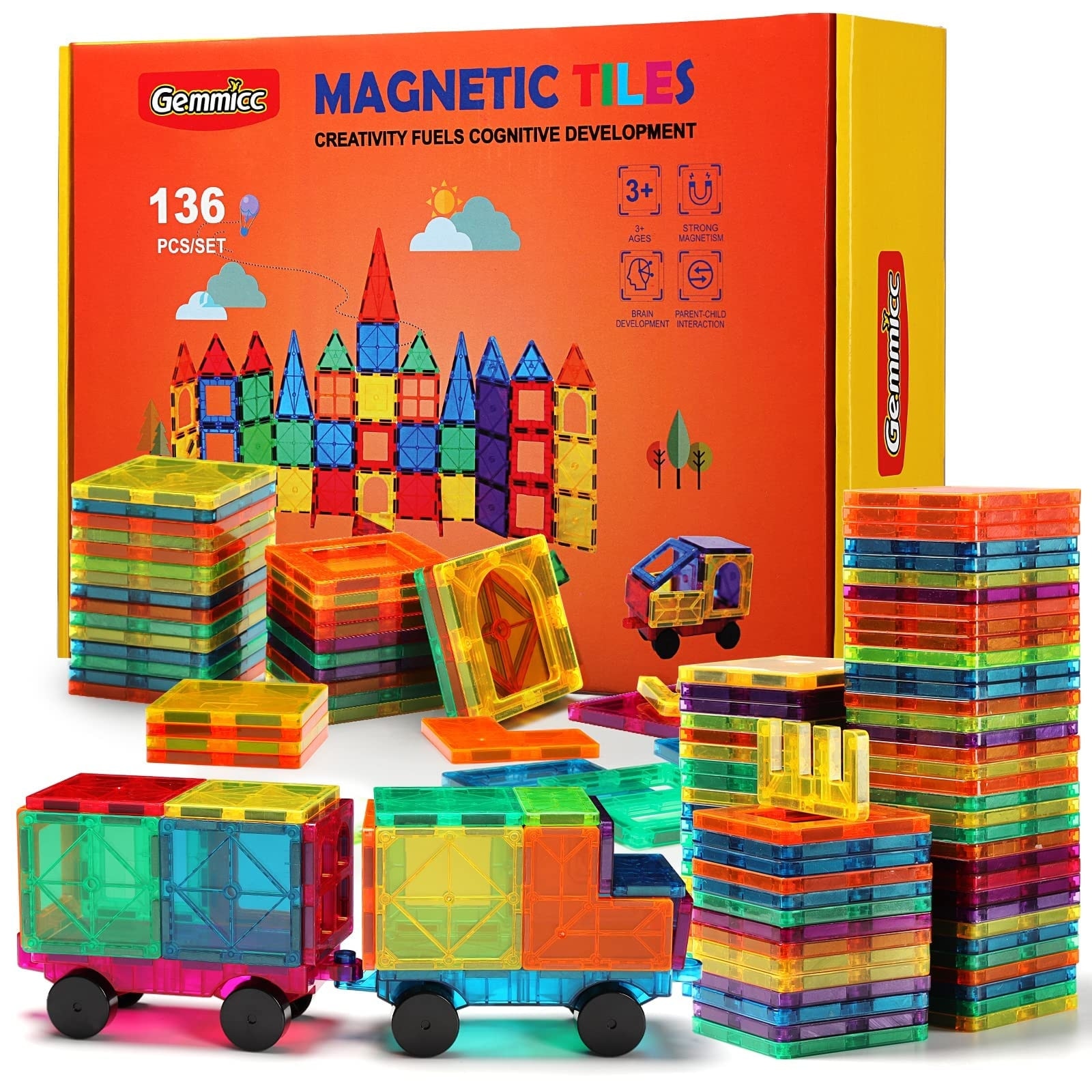 Magnetic Tiles, Deluxe 136 PCS Building Blocks Magnet Toys for