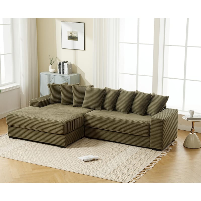 Oversized Corner Couch L-Shaped Corduroy Sofa Set with Left Chaise Daybed, Armrests, and Eight Throw Pillows