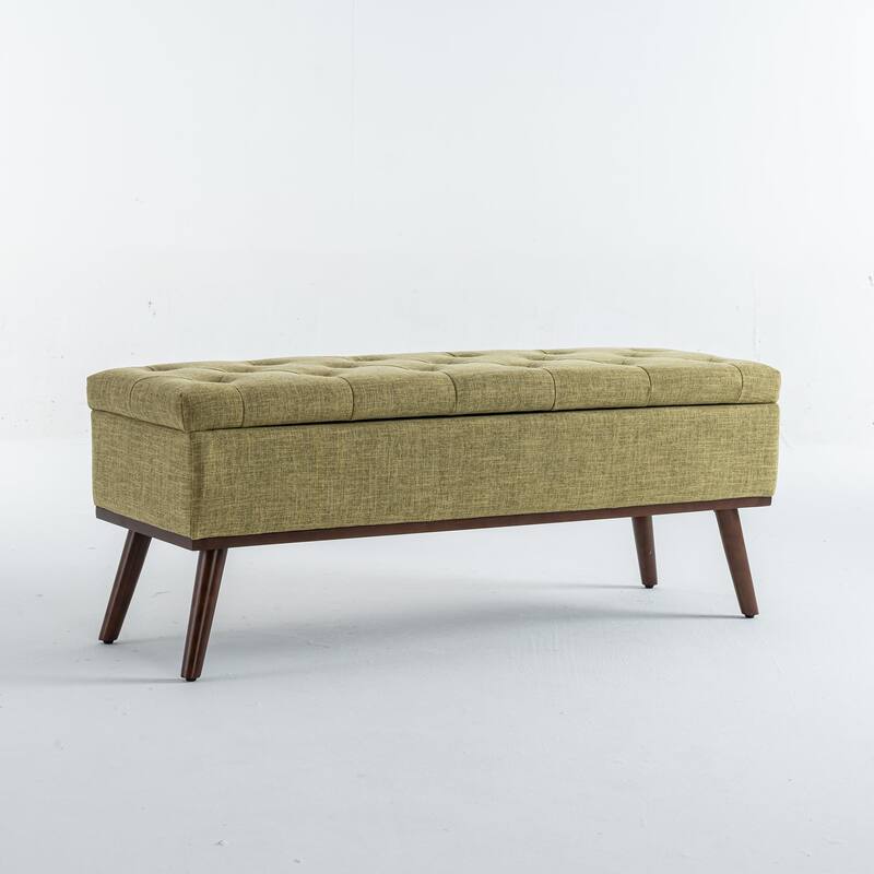 Linen Storage Ottoman Bench with Wood Legs, Upholstered Entryway Bench Tufted Mid Century Modern Ottoman Bedroom End of Bed
