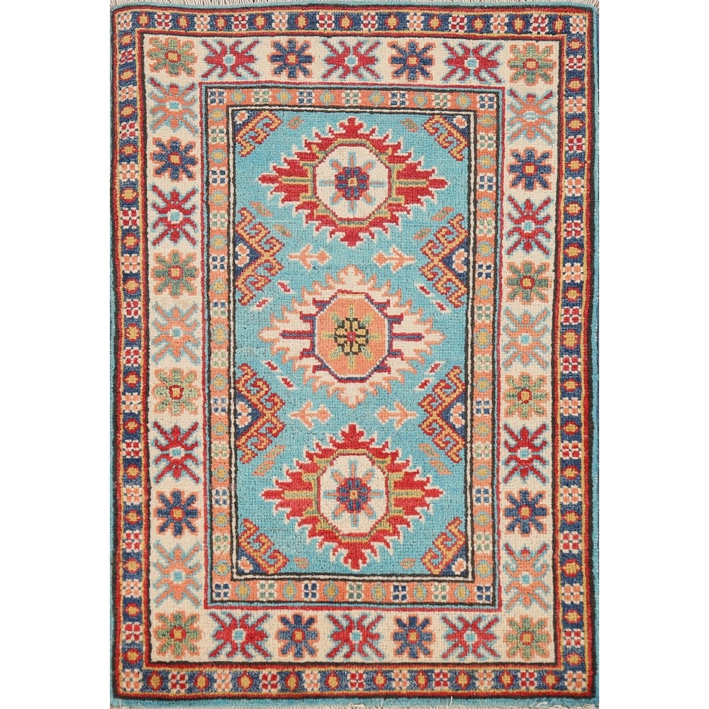 Light Blue Geometric Kazak Oriental Rug Hand-Knotted Wool Carpet - 2'0" x 3'0"