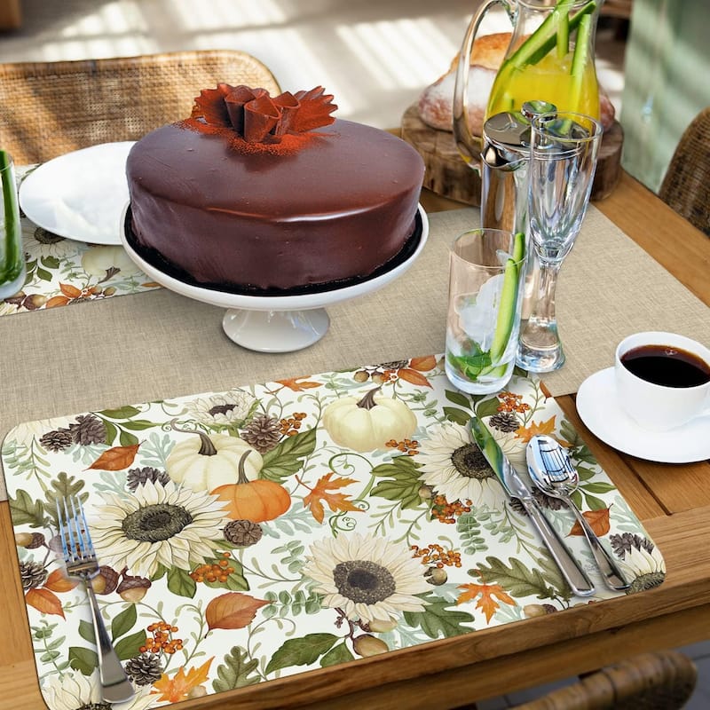 Farmhouse Fall 4 Pack Reversible Easy Care Flexible Plastic Placemats Made in The USA BPA Free PVC Free Easily Wipes Clean