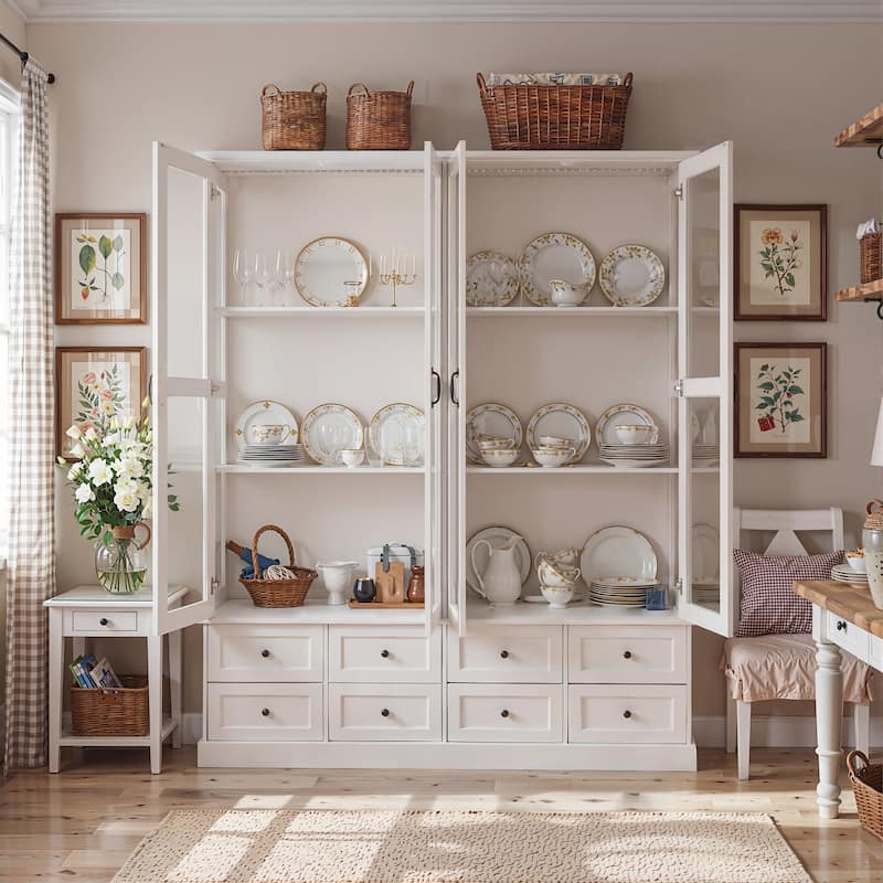 63" Lighted Glass Display Cabinet Curio Cabinet with Bluetooth LED Lights, White China Cabinet Storage for Living Room