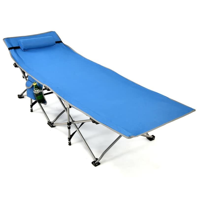 Folding Camping Cot Heavy-Duty Outdoor Cot Bed w/ Side Storage Pocket - 74'' x 26'' x 15.7'' - Blue