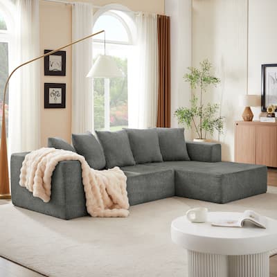 Grey 105.2" Cloud Chenille Upholstered Right L-Shaped Modular Sectional Sofa with 5 Pillows, 2-piece Free Combination
