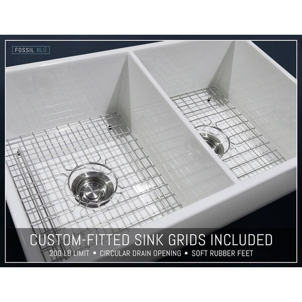 Shop Luxury 33 Inch Modern Fireclay Farmhouse Kitchen Sink White Double Bowl Flat Front Includes Grid And Drain By Fossil Blu Overstock 21834219