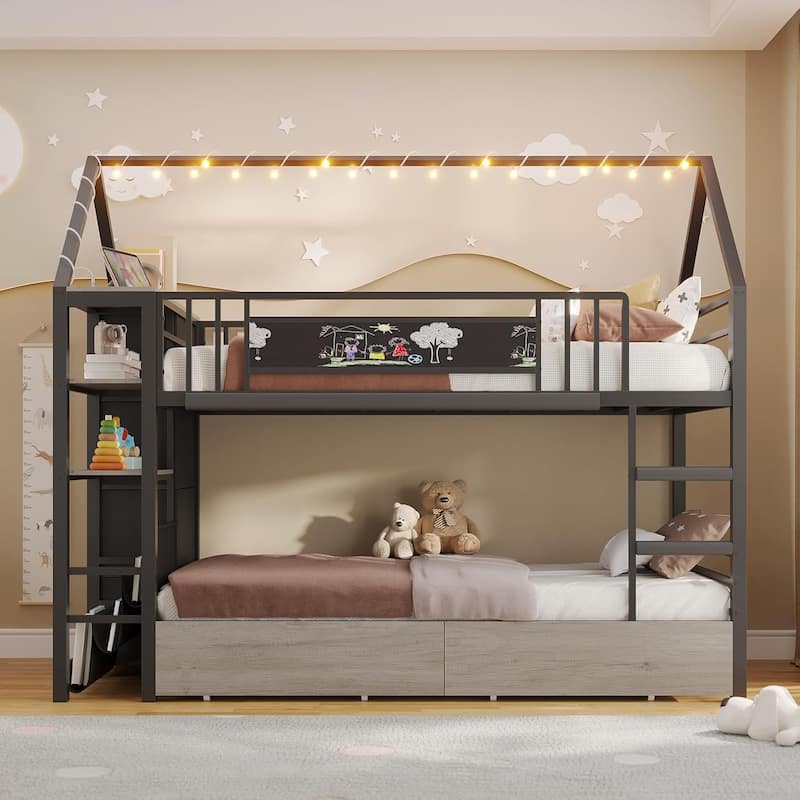 House Low Loft Bed Twin Size Storage Drawers Bookcase LED Lights - Black - TT