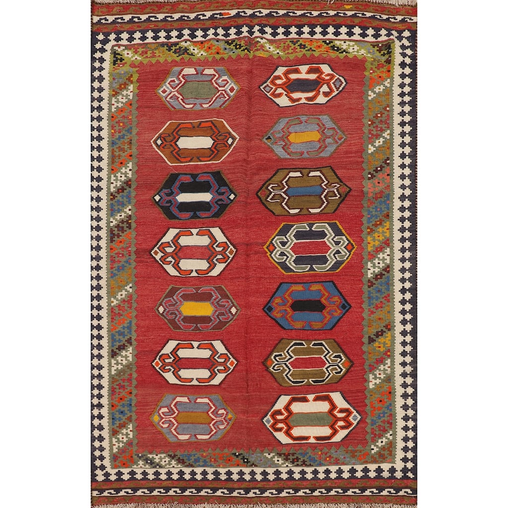 Kilim Qashqai Persian Vintage Rug Hand-Woven Reversible Wool Carpet - 4'1"x 6'0"