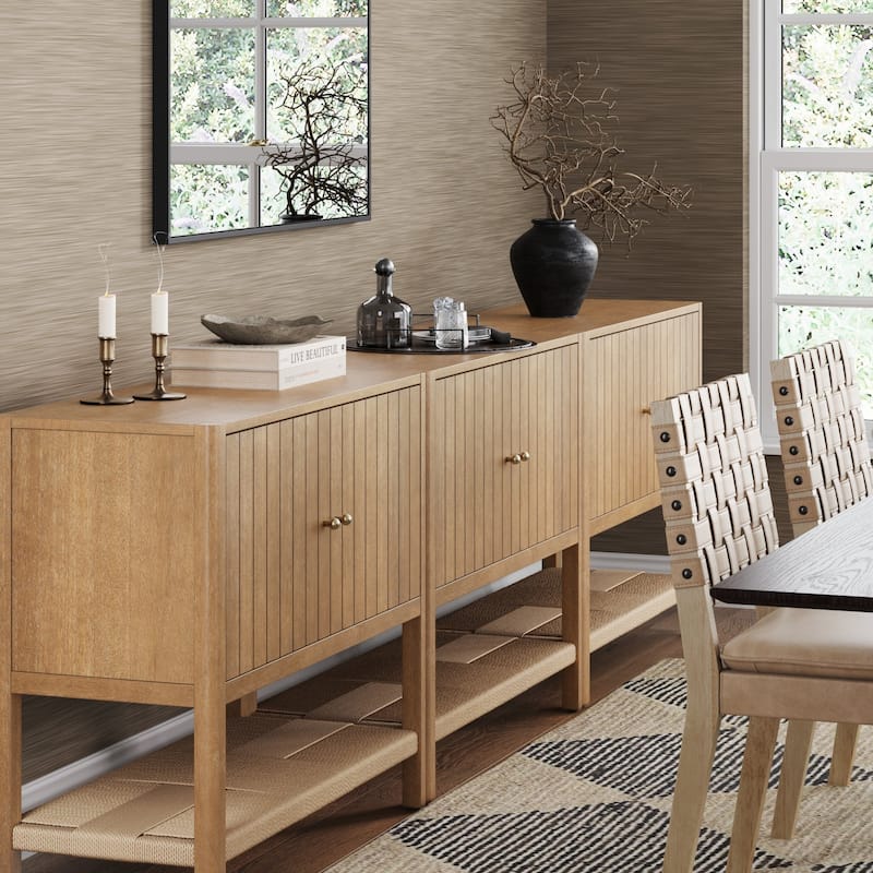 Meads Mid Century Modern Solid Wood Kitchen Cabinet with Adjustable Interior Shelf and Seagrass Bottom Storage
