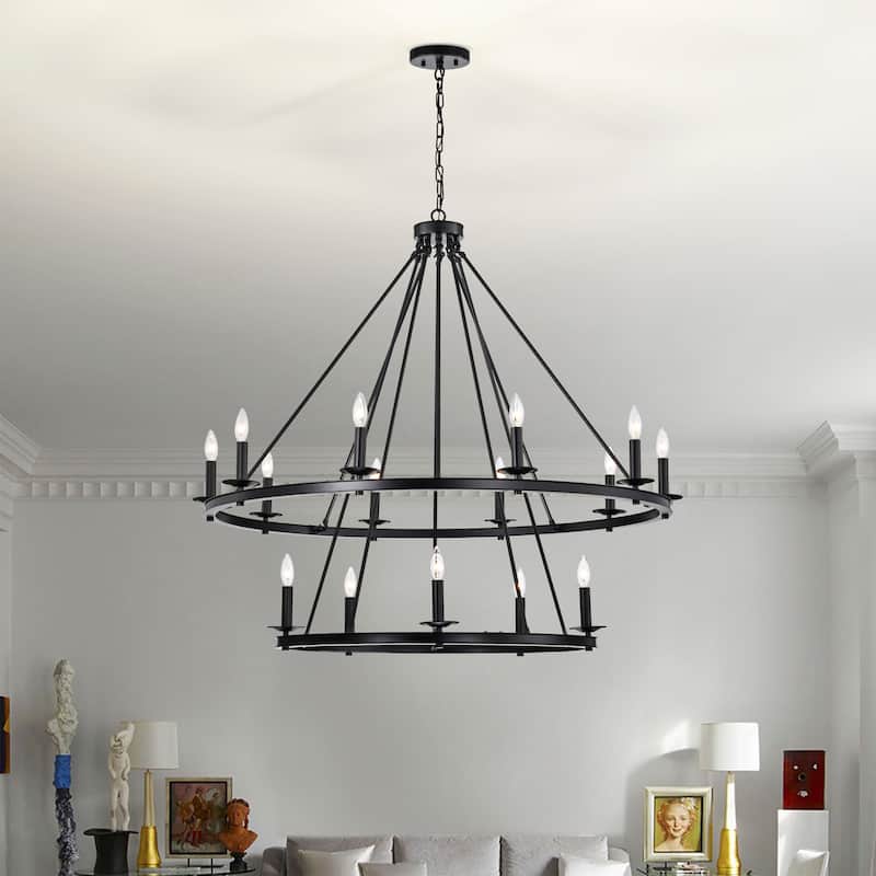 Camilla Candle Style Wagon Wheel 45 Inch Chandelier Matte Black Finish with 15 Light