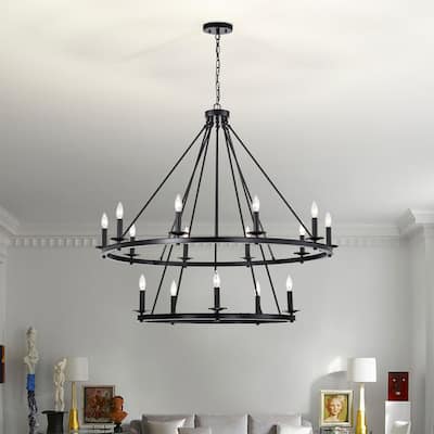 Camilla Candle Style Wagon Wheel 45 Inch Chandelier Matte Black Finish with 15 Light