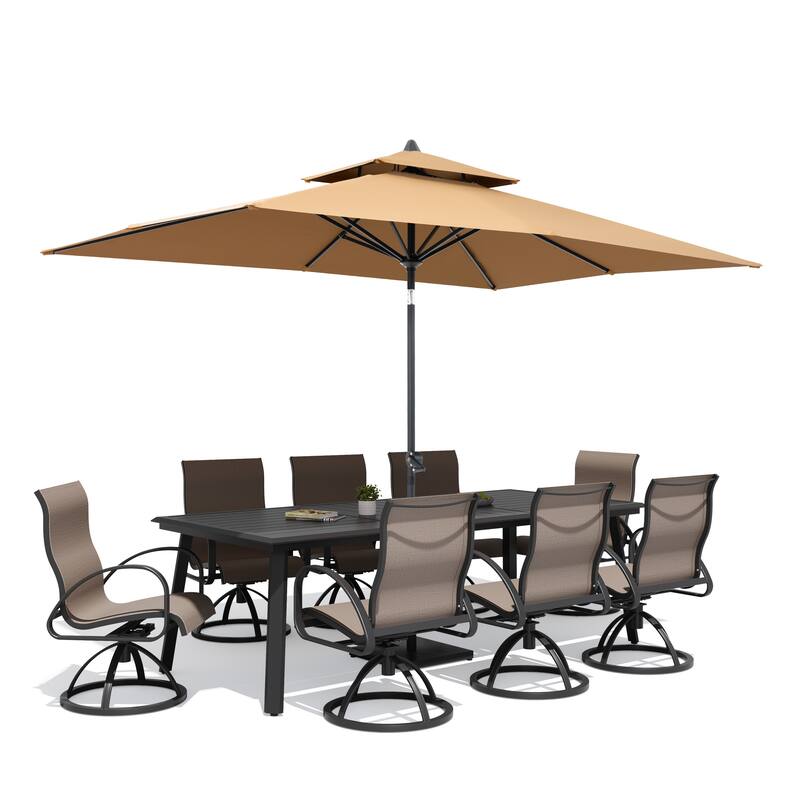 11-Piece Outdoor Dining Set Aluminum Table and Swivel Sunbrella Dining Chairs with Umbrella and Base