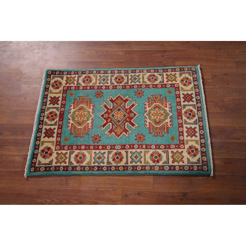 Turquoise Kazak Foyer Rug Hand-Knotted Wool Carpet - 2'0" x 3'0"