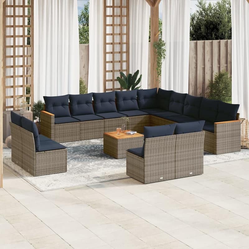 vidaXL 13/14 Piece Patio Sofa Set with Cushions Black/Gray Poly Rattan - 24.4 x 24.4 x 27.2 - Gray With table