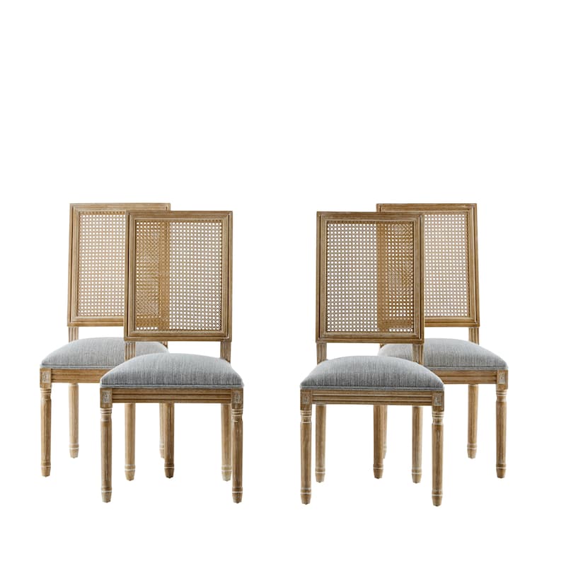 [Set of 4] French Country Dining Chairs - Elegant Cane Backrest & Upholstered Seats with Fluted Legs- Solid Rubberwood Frame