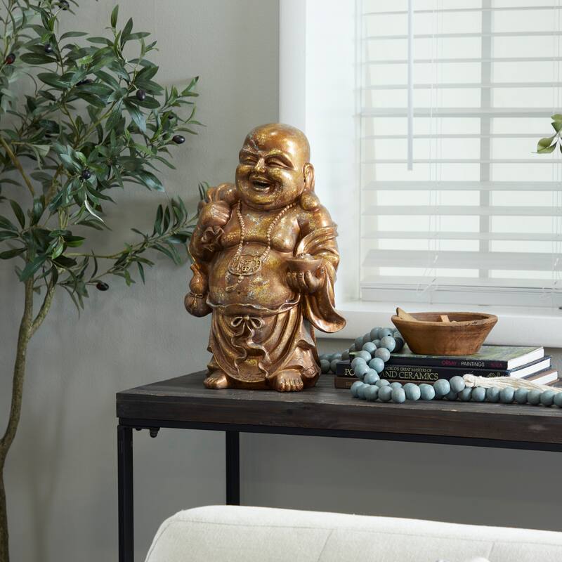 Polystone Meditating Buddha Sculpture with Engraved Carvings and Relief Detailing - Copper or Bronze