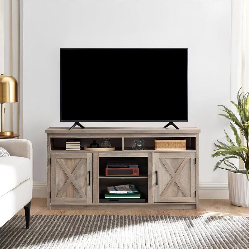 Roomfitters Farmhouse TV Stand for TVs up to 65", Modern Entertainment Center with 4 Open Storage - Gray Wash