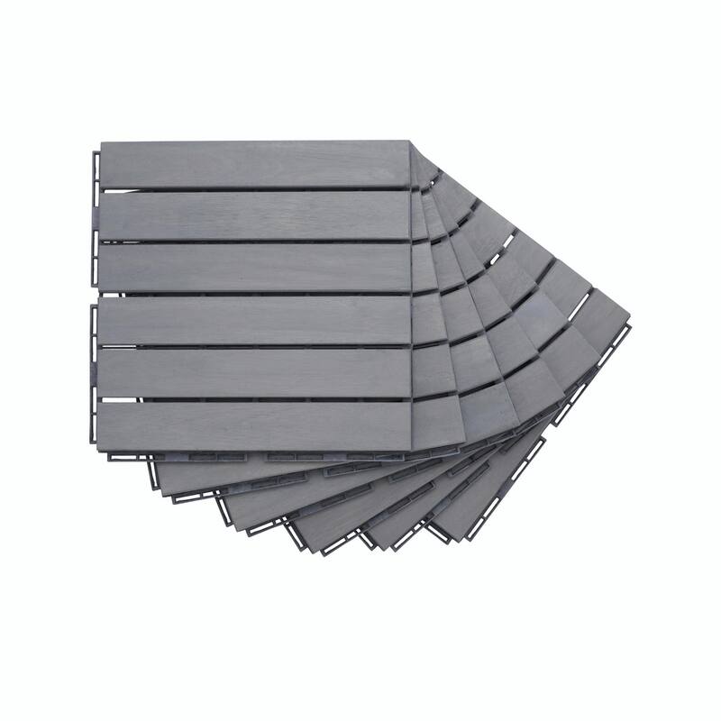 Interlocking Deck Tiles Striped Pattern, 12" x 12" Light Gray Acacia Hardwood Outdoor Flooring