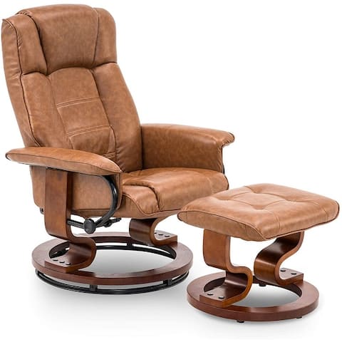 Mcombo Swiveling Recliner Chair with Wood Base and Ottoman