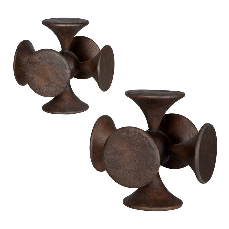 Symmetric Wooden Sculpture - 10" - Brown - Set of 2