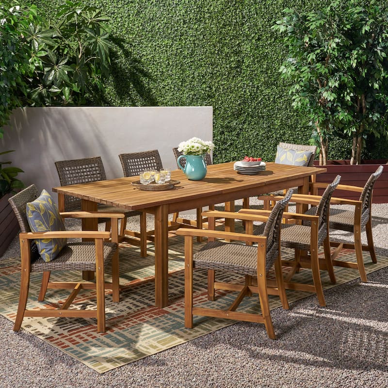 Edgewood Outdoor 8 Seater Acacia Wood Dining Set with Expandable Table by Christopher Knight Home - Teak Finish + Mixed Mocha