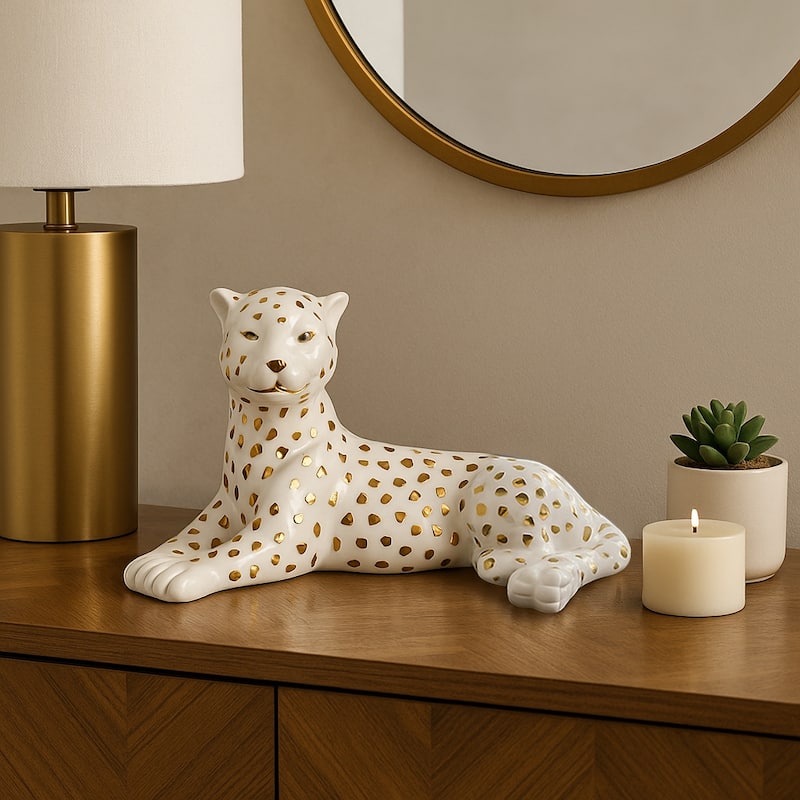 Ceramic Leopard Decorative Figurine - White and Gold