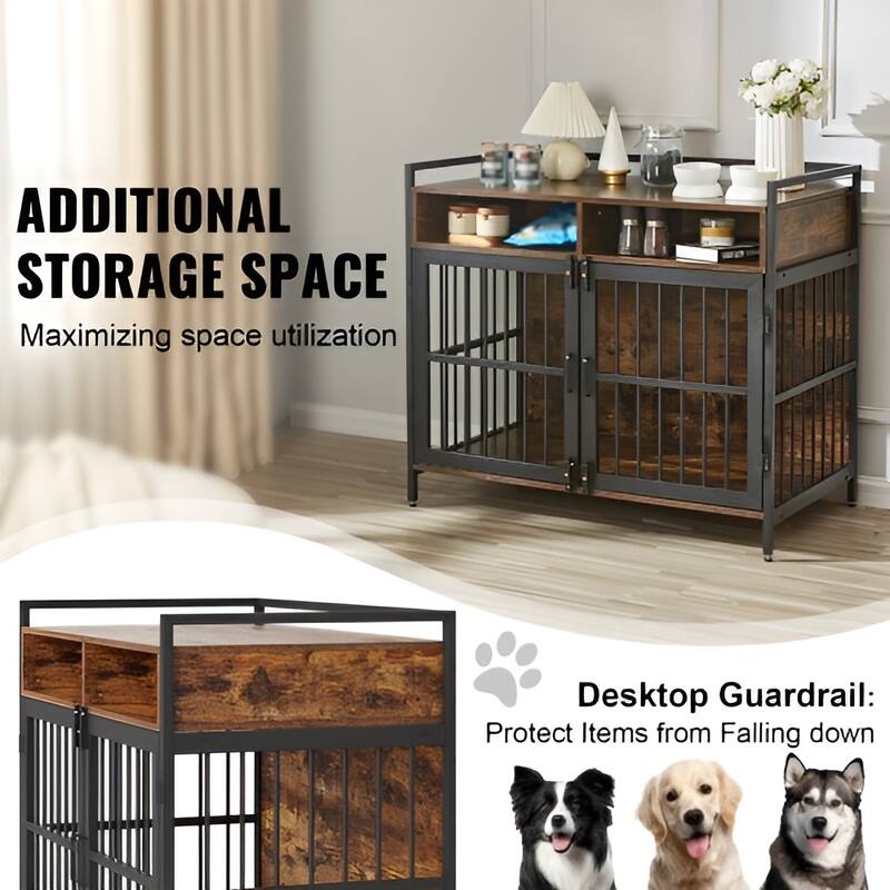 Rustic Brown Wood Metal Dog Crate, Dual-Door Pet Furniture with Storage Shelf - 41” L x 23.6” W x 36.2” H