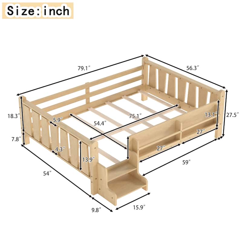 Full/Twin Floor Bed with Storage Bookcases & Cute Stairs - Solid Wood Kids Bed, No Box Spring