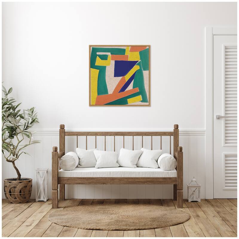 Kate and Laurel Sylvie Retro Refresh Painterly Shapes Neutral Linen Framed Canvas by The Creative Bunch Studio