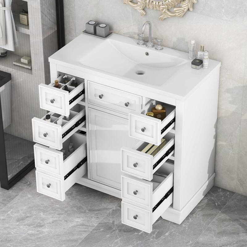 36" Bathroom Vanity with Sink Combo: Cabinet, Six Drawers - with sink - White