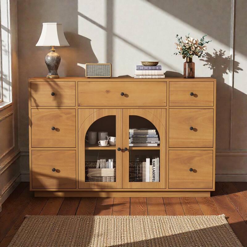 55'' Storage Cabinet with 7 Drawers and 2 Doors, Modern Sideboard with Adjustable Shelves for Living Room - Natural