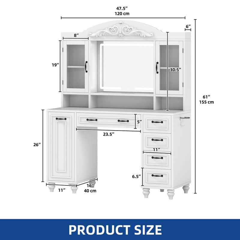 Moasis Modern 5-Drawer Makeup Vanity Table With Exquisite Carved and Built-in Charging Station