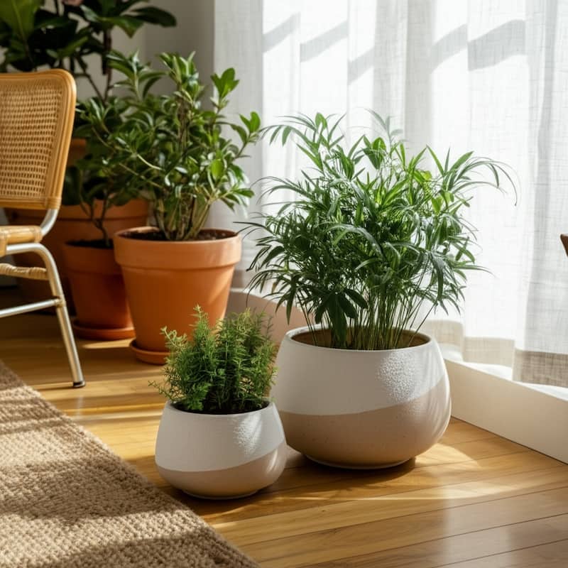 Stoneware Ceramic Planters Two-Tone Design (Set of 2) - 12" x 12" x 8"