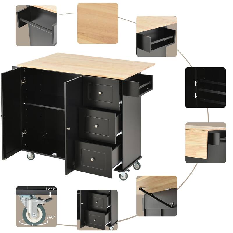 Multi-Functional Kitchen Island on Wheels with Expandable Drop Leaf, Large Storage & Sturdy Wood Surface