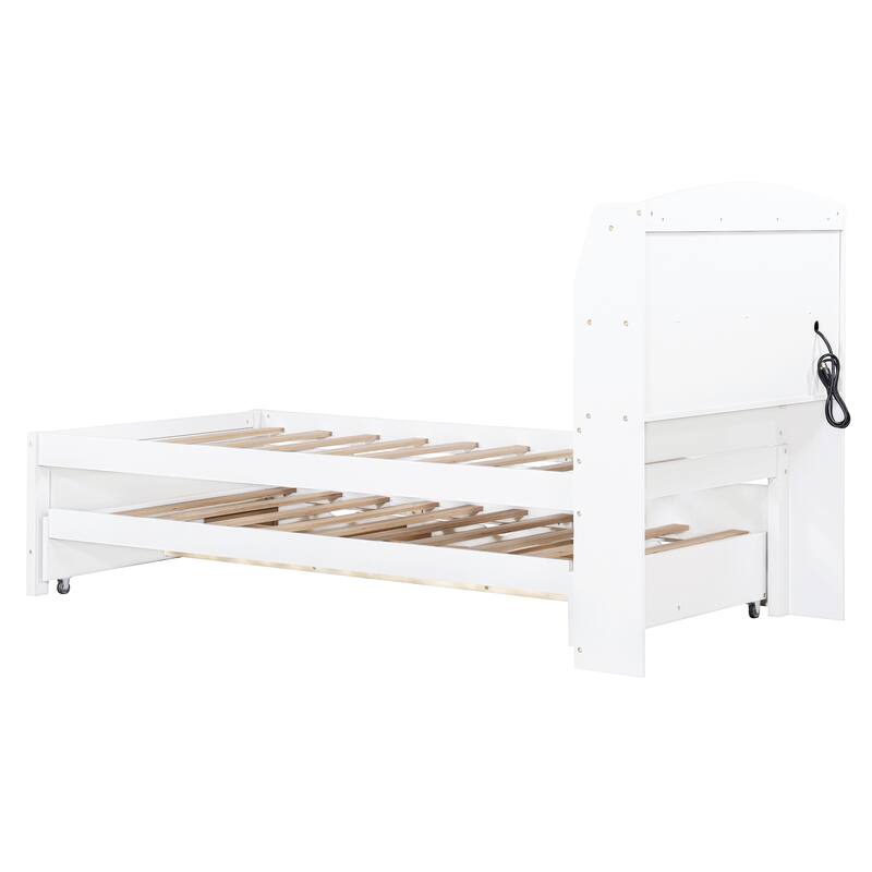 Twin Size Wooden LED Platform Bed with Trundle, with Storage Headboard, with Drawers, White