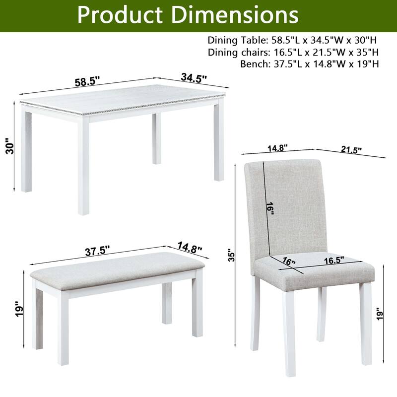 6 Piece Dining Table Set for 6, Modern Rectangular Kitchen Table Set with 4 Upholstered Chairs and Bench, for Kitchen
