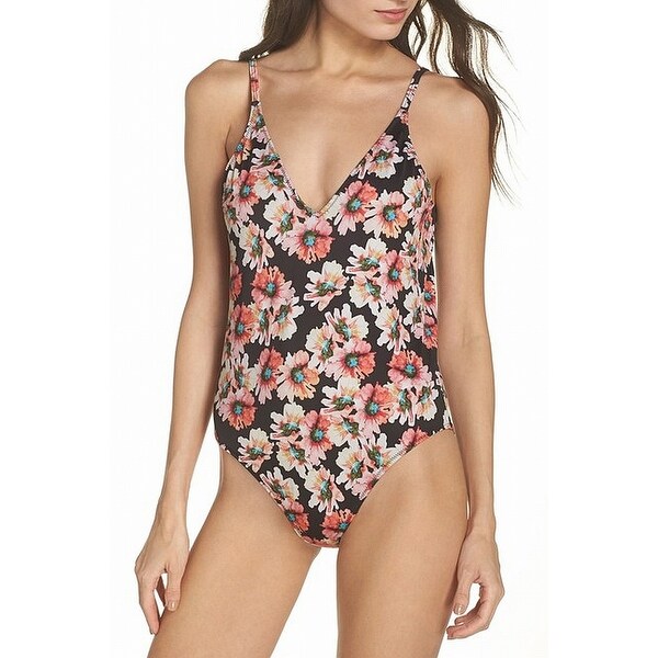 Leith Black Womens Size Medium M Floral V-Neck One-Piece Swimwear