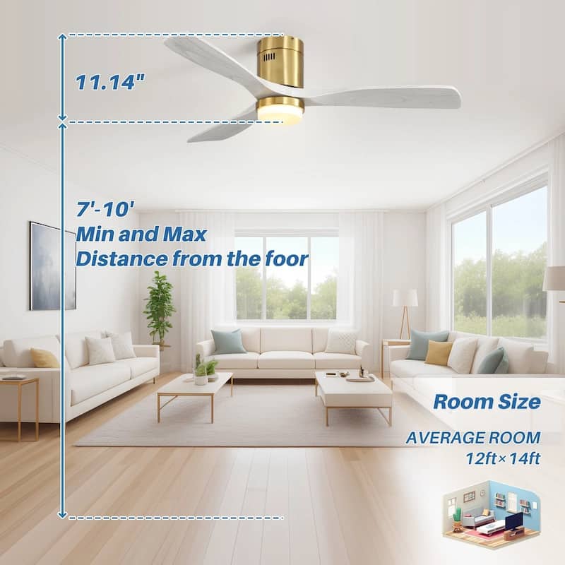 52 Inch Flush Mount Wood Blades White Ceiling Fan Reverse Airflow,6 Wind Speed,Remote Control
