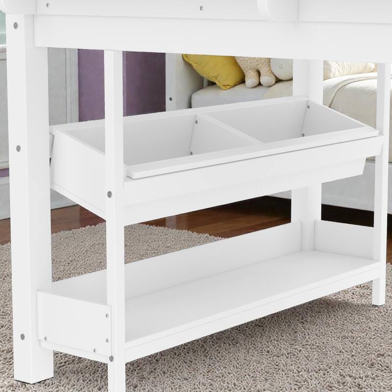 Low Loft Bed with Desk, Storage Bookcases, Drawers & Boxes, Solid Wood Kids Loft Bed with Blackboard Shelf