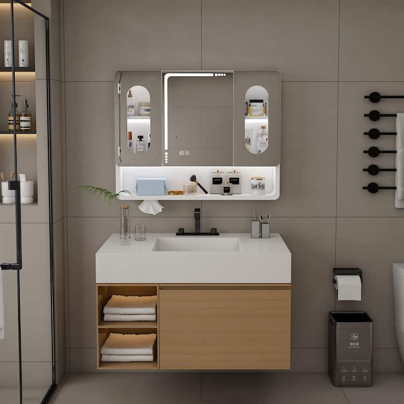 Roomfitters Wall Mounted Bathroom Mirror Cabinet with Adjustable Lights, Anti-Fog Medicine Storage with Mirrored Doors, White