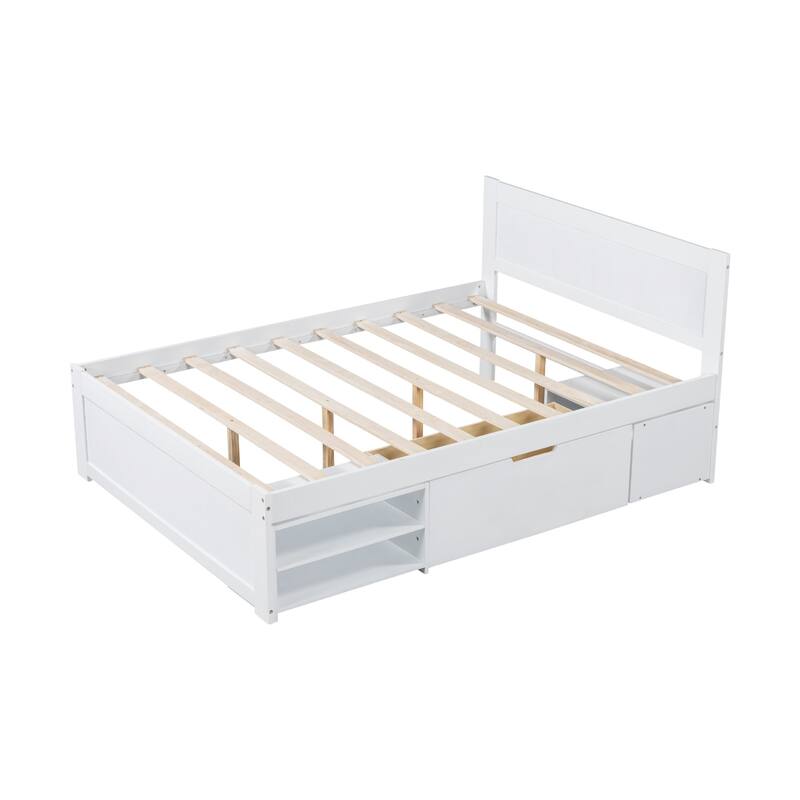 Platform bed with drawers and two shelves
