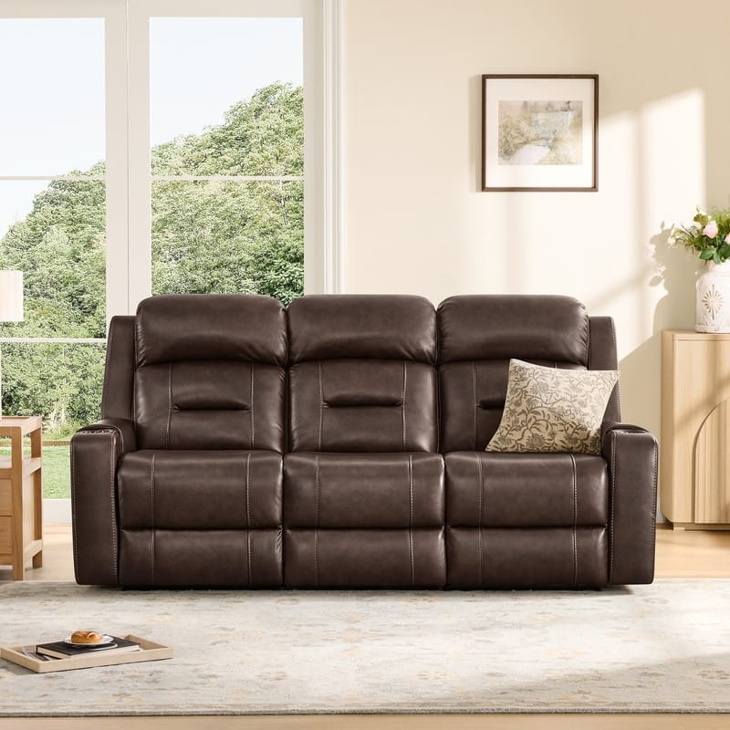 Spruce & Spring Genuine Leather Power Reclining Sofa with Wireless Charging - 3PC - Brown