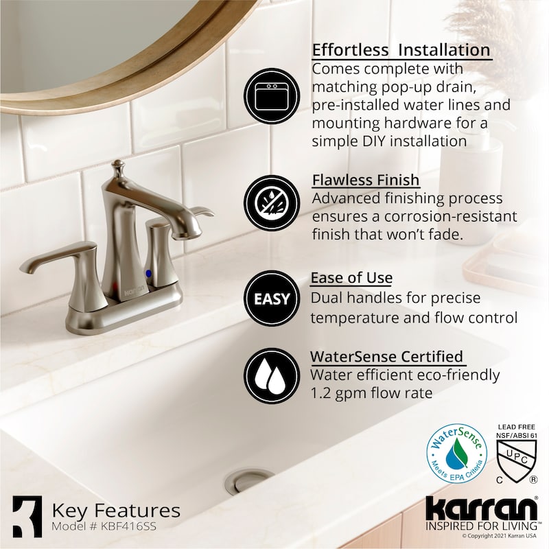 Karran Woodburn Two-Hole 2-Handle Bathroom Faucet with Matching Pop-Up Drain