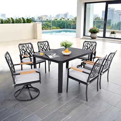 7 Pcs Outdoor Aluminum Furniture Set, Patio Dining Set with 4 Dining Chairs and 2 Swivel Rockers, Table with Umbrella Hole