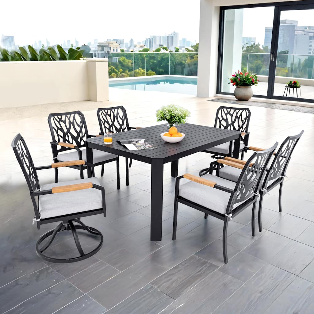 7-Piece Aluminum Patio Dining Set with 59" Table, 2 Swivel Rockers & 4 Armchairs