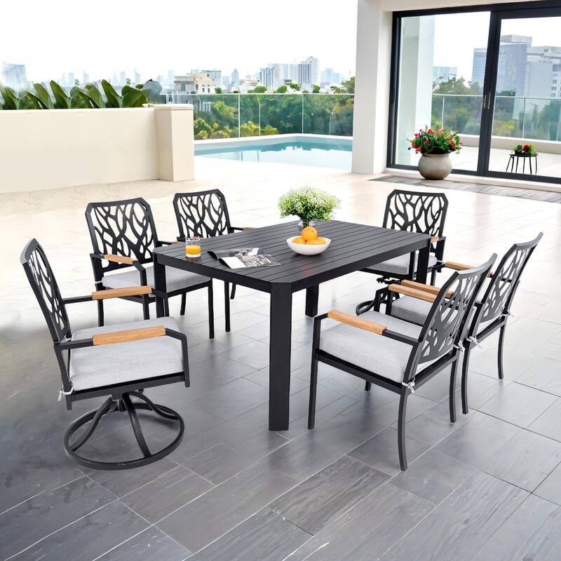 GDFStudio - Burbon 7-Piece Outdoor Aluminum Dining Set with Swivel Rockers and Branch