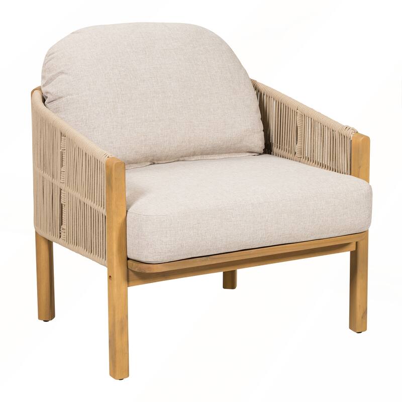 Outdoor Wood Club Chair with Beige Cushion Set of 2