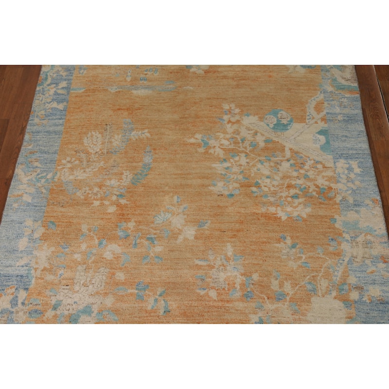 Vegetable Dye Orange Art Deco Turkish Rug Hand-Knotted Wool Carpet - 4'10"x 6'8"
