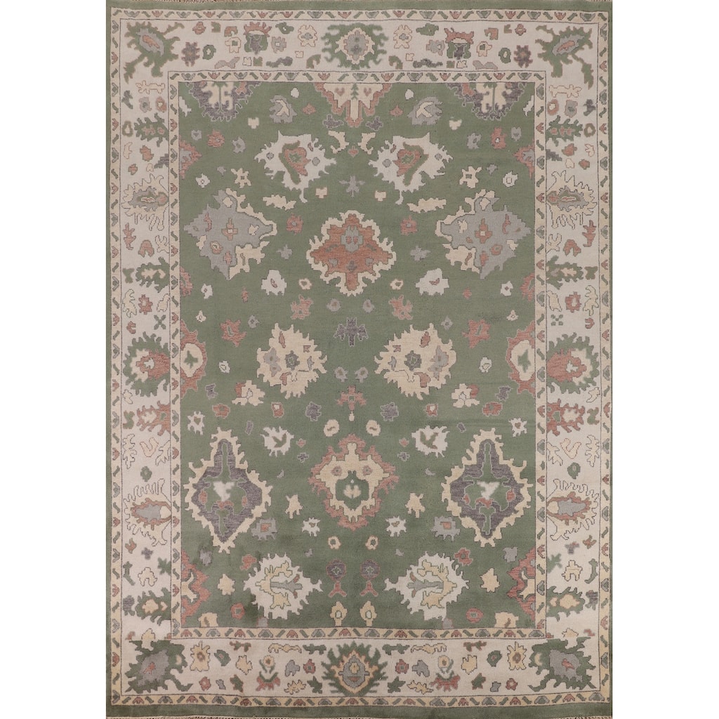 Green & Ivory Floral Oushak Oriental Area Rug Handmade Wool Carpet - 9'1" x 11'11"
